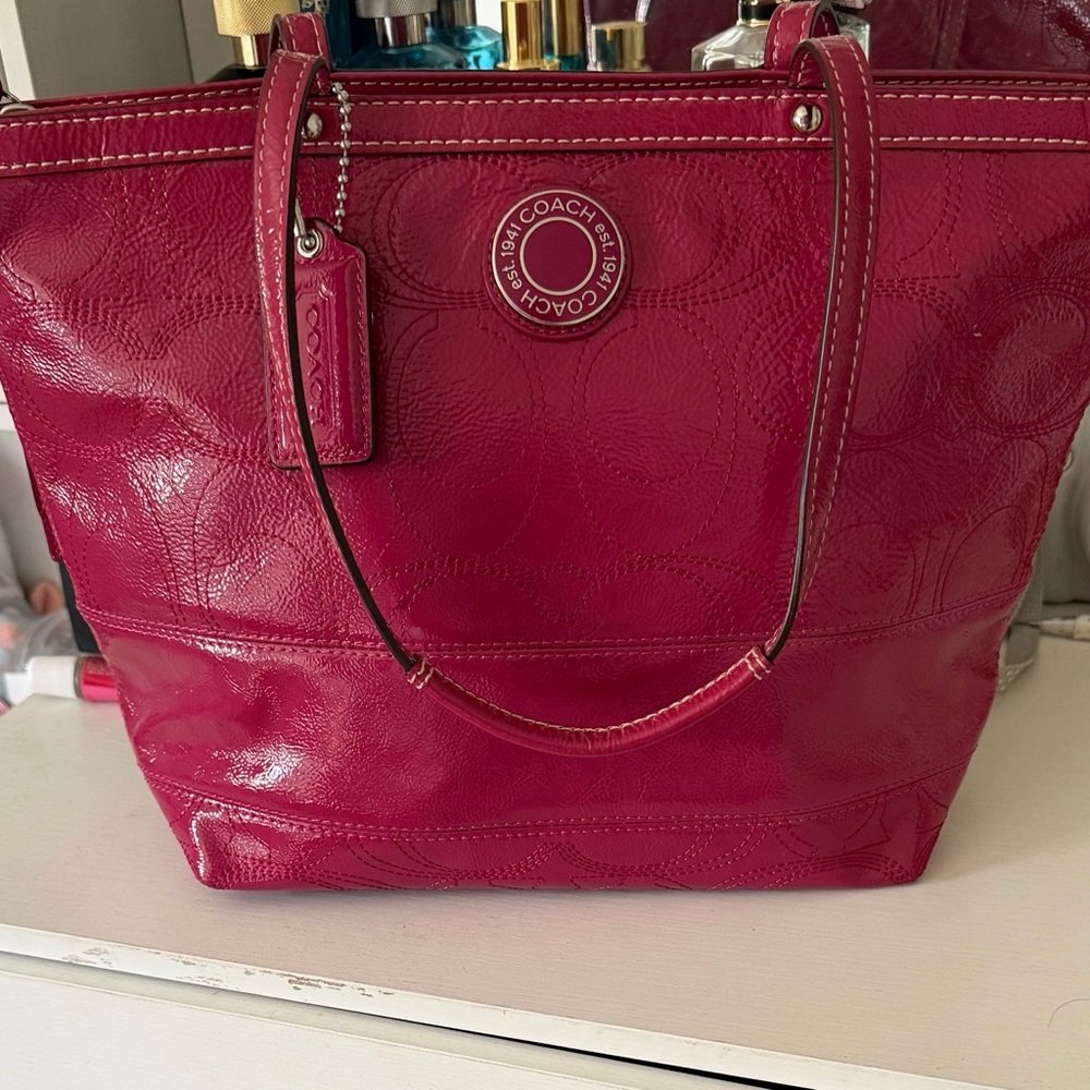 Coach Glossy Pink Signature Tote with Logo Medallion
